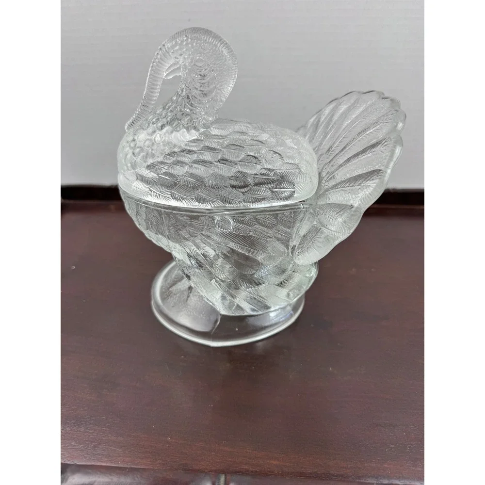 Vintage Clear Pressed Glass Turkey Candy Dish Thanksgiving Pedestal Decor Lidded